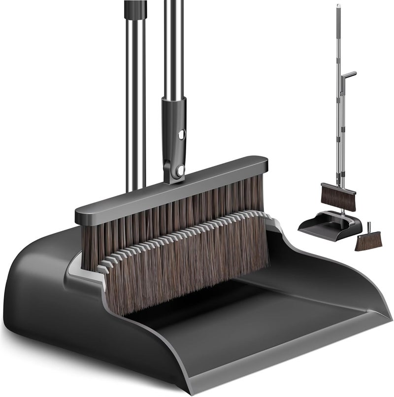 CTIME Broom and Dustpan Set, Extra Brush Head & 51.6" Adjustable Long Handle Standing Dustpan Set, with Dust Pan Teeth to Clean Pet Hair, Easy Sweeping Suitable for Home Kitchen Office Lobby - Image 1